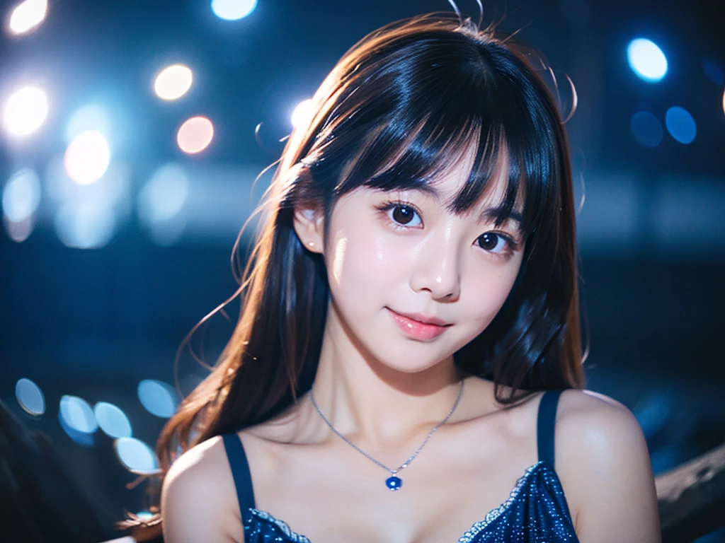 young female dj、smiling, naked and topless、wet and sweaty, oily skin, headphones、choker, punk、Sparkling laser probing light, disco