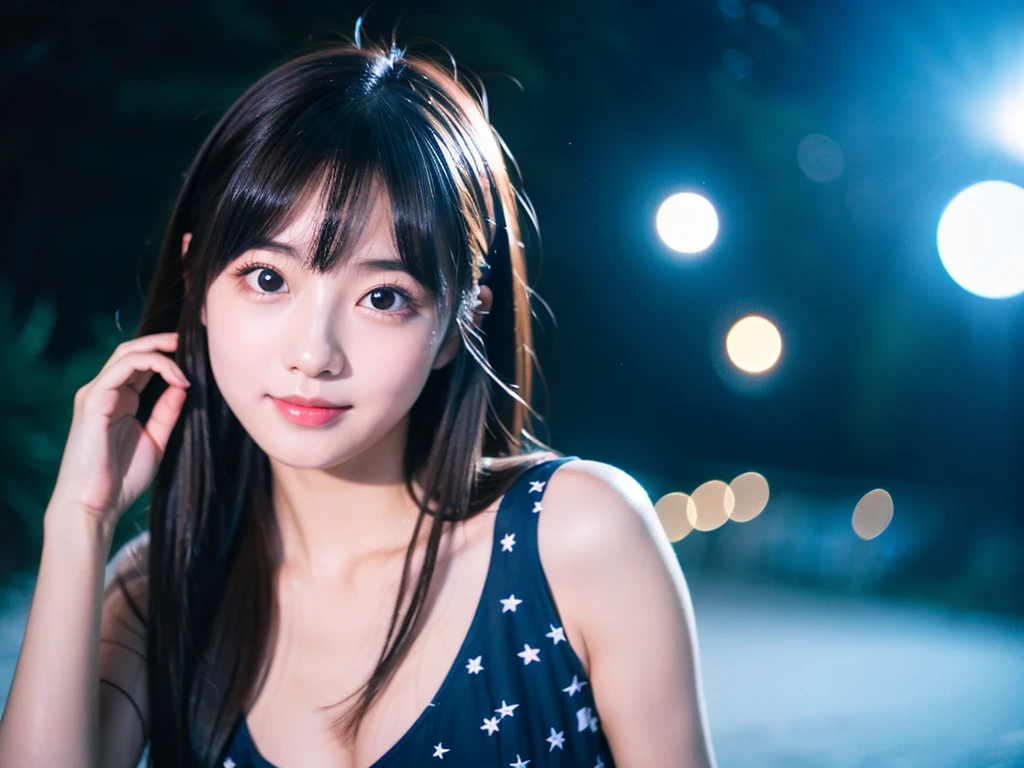 A very cute face like an idol、Looks like a young face、20-year-old female、Gentle and cute、Cleavage、Beautiful starry night、moonlight、SLR、Film Camera、RAW Photos、Genuine、live-action、(Artistry)、(Artistic Expression)、Real Stick、High resolution、masterpiece