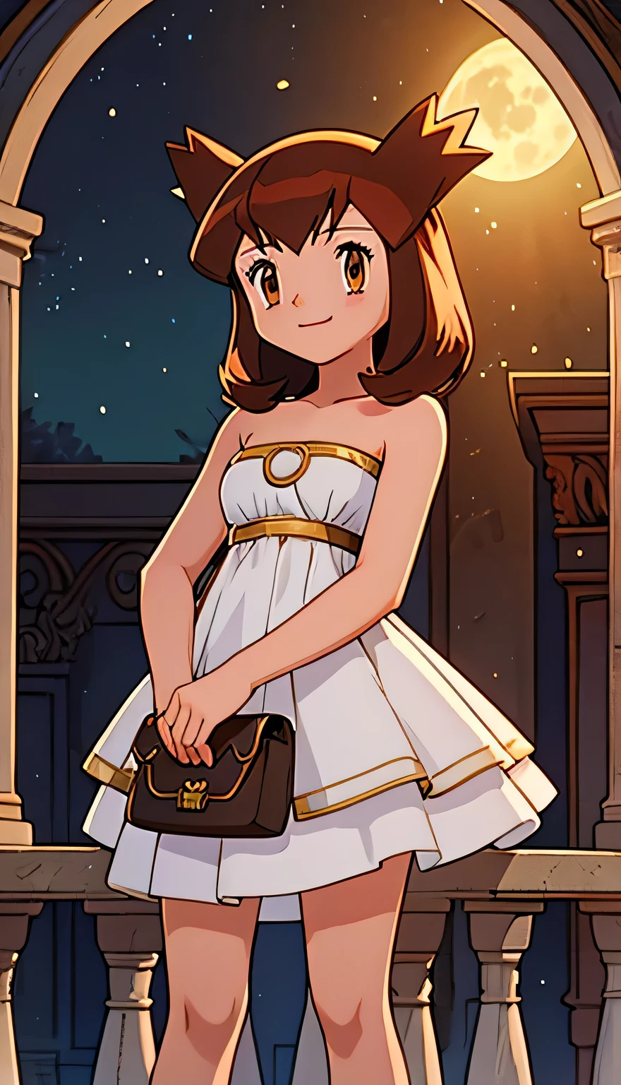 masterpiece, best quality, ultra-detailed, illustration, beautiful detailed eyes, very detailed illustration, cinematic lighting, 1 girl, solo, Pokemon Heroes (Bianca), Brown Hair, brown eyes, 1 girl, solo, bare shoulders, strapless, white dress, full moon, mansion, anime screencap, high quality, light smile, standing, Masterpiece