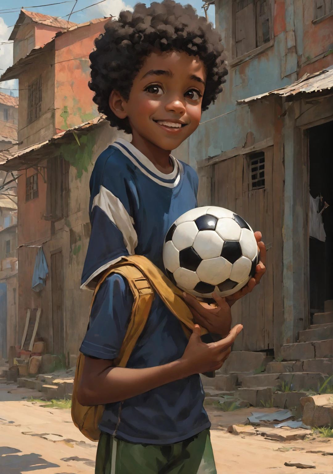 A poor Afro-Brazilian boy in a favela in Porto Alegre Rio Grande do Sul Brazil drawn by Todd McFarlane and Greg Capullo, he is wearing old and torn clothes, he is playing with a soccer ball and playing with his little dog, a favela in the background, Robert Downey Jr Reference., engine unreal, octane rendering, por Jacob Lawrence e Francis Picabia, perfect composition, beautiful detailed intricate insanely detailed octane rendering trending on artstation, 8k art photography, photorrealistic concept art, soft natural volumetric cinematic perfect light, Bright dark, rewarded photography, work of art, oil on canvas, rafael, caravaggio, Greg Rutkowski, beetle, Beksinski, giger, beautiful perfect face with perfect face, a smile on your face with two large central incisors, the detail, highy detailed, photo realist