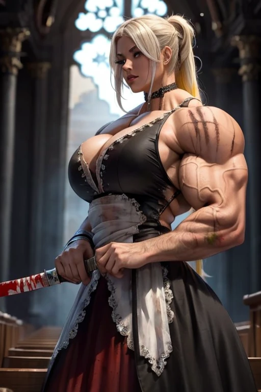 A beautiful, buff, bloodied, light brown skinned muscular bride in a blood stained wedding dress with yellow hair, gray eyes, black lipstick and ginormous bulky muscles, (blood stained body), ((wearing a blood stained wedding dress)), (close view), along flowing hair, ((massive muscles)), (hyper muscle), covered in blood, (holding a katana sword), in a destroyed church, (sword stance)