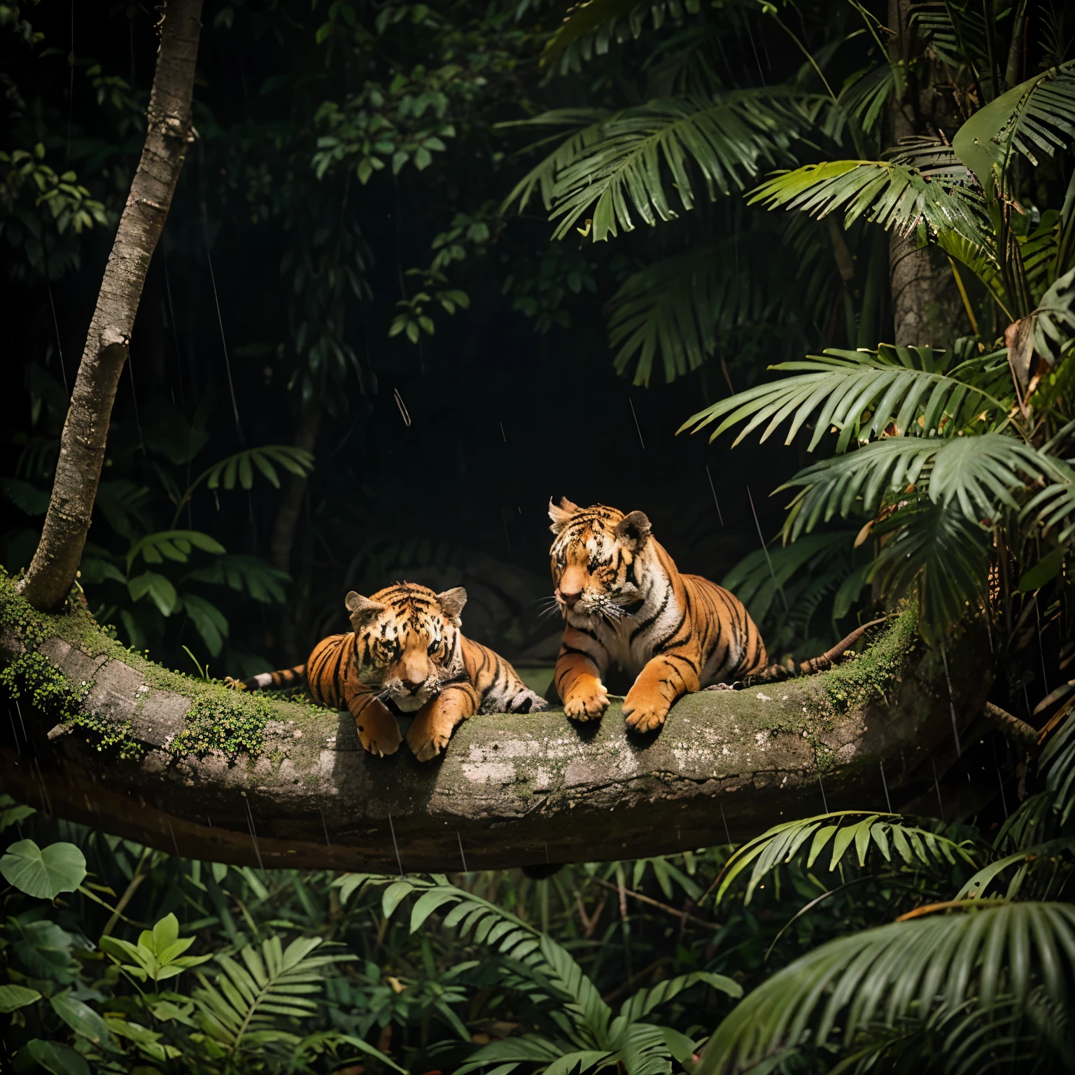 two Panthera tigris in nest, rain forest, Thailand, bird eye view