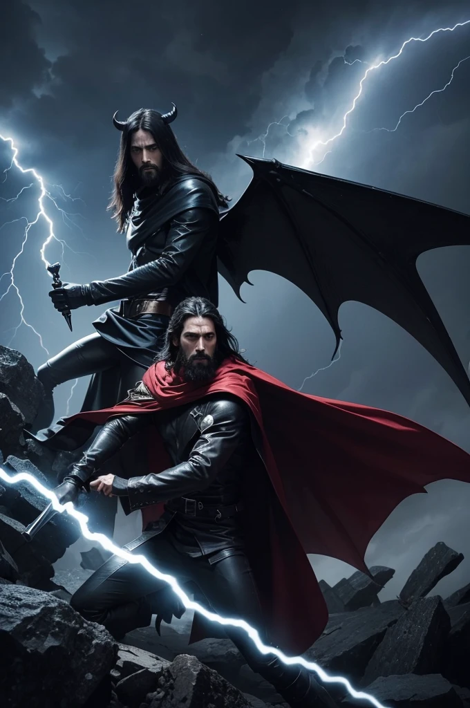 Jesus fighting with the devil in heaven, calling down lightning against the devil. Devil in a black cape, open wings, Dark Face.