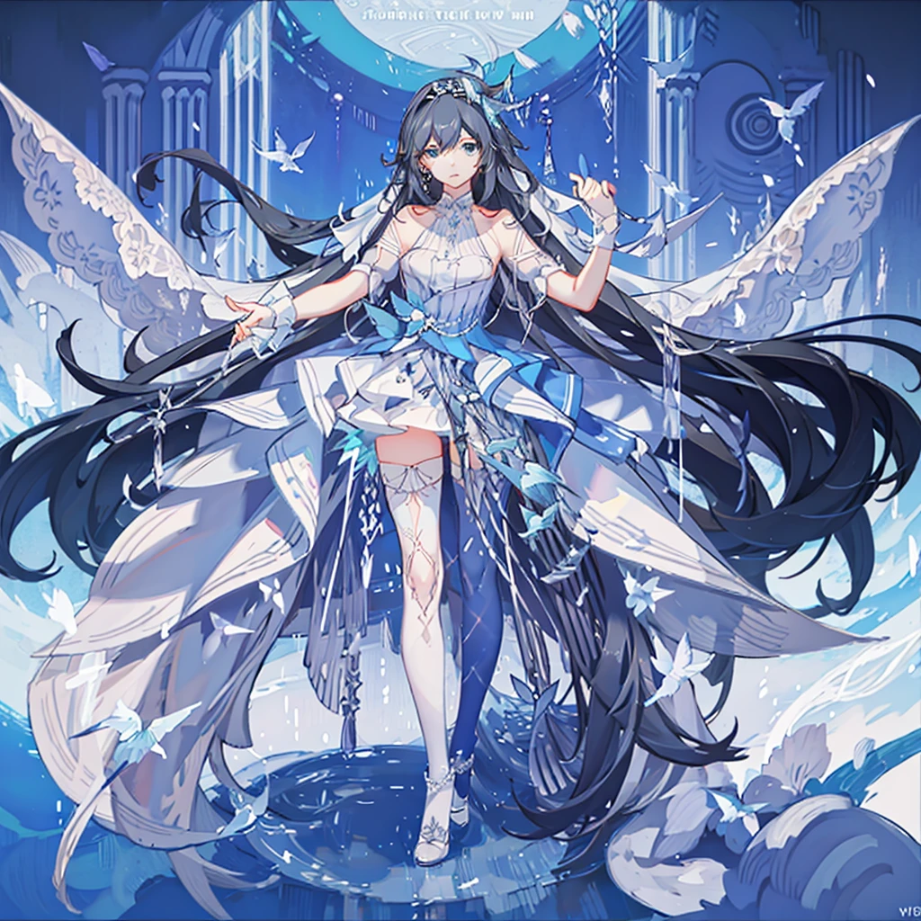 masterpiece, best quality,1girl,solo, Fu Hua\(Cerulean Court\),white background, hair over right eye ,eye visible through hair,hair ornamet, wedding dress,white high heels,thighhighs, full body, (church:1.2),looking at viewer, big breasts,