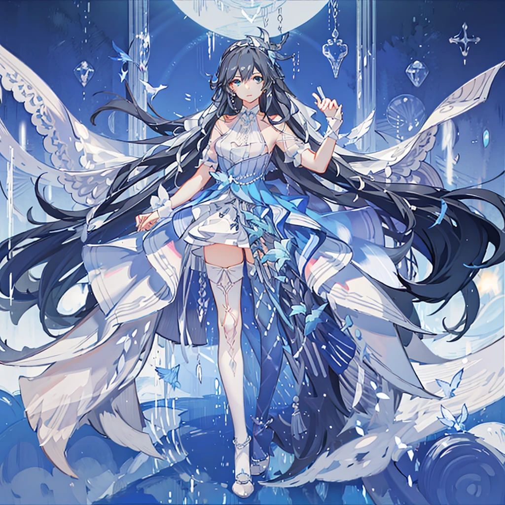 masterpiece, best quality,1girl,solo, Fu Hua\(Cerulean Court\),white background, hair over right eye ,eye visible through hair,hair ornamet, wedding dress,white high heels,thighhighs, full body, (church:1.2),looking at viewer, big breasts,