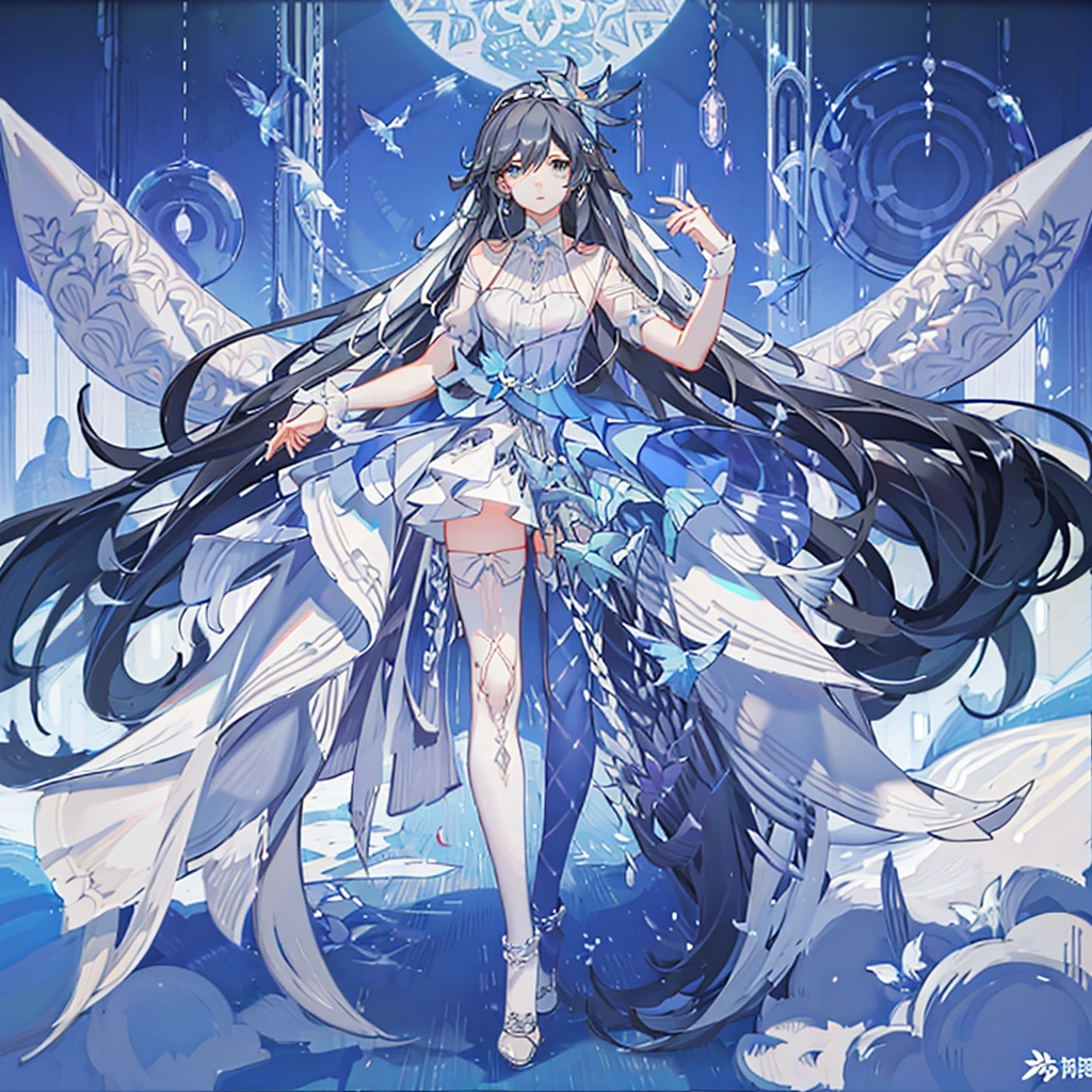 masterpiece, best quality,1girl,solo, Fu Hua\(Cerulean Court\),white background, hair over right eye ,eye visible through hair,hair ornamet, wedding dress,white high heels,thighhighs, full body, (church:1.2),looking at viewer, big breasts,