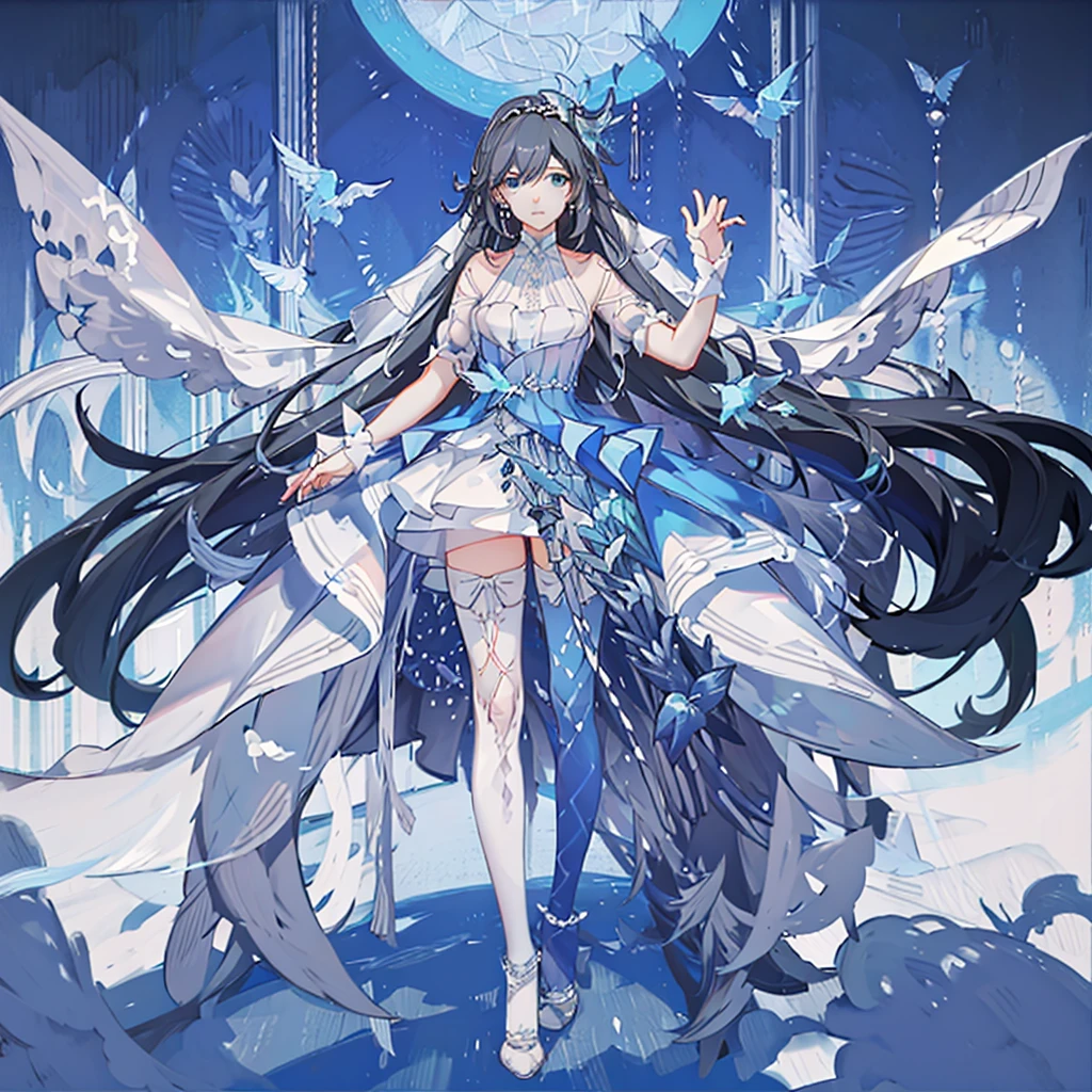 masterpiece, best quality,1girl,solo, Fu Hua\(Cerulean Court\),white background, hair over right eye ,eye visible through hair,hair ornamet, wedding dress,white high heels,thighhighs, full body, (church:1.2),looking at viewer, big breasts,