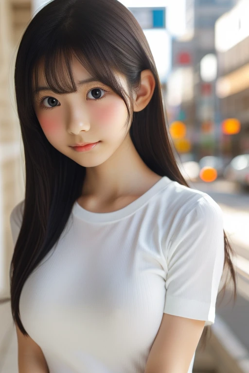 embarrassed,blush:1.5,Very young Japanese,15yo,Grey short sleeve ribbed knit,big breasts,Black Hair,Long Hair,Soft lips,Fine skin,(Glowing Skin),(masterpiece:1.4),(Highest quality:1.4),white background,medium close-up shot,straight-on,