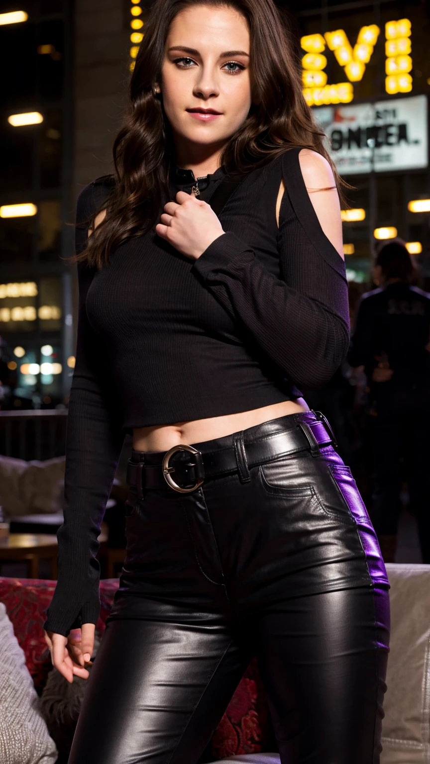 (masterpiece), (photorealistic1.4), (epiCRealLife), (lora:KateBishopFNLoRA:1.0 ribbed bodysuit costume), (KateBishopFNLoRA black leather pants), (KateBishopFNLoRA utilities belt), (leg holster) (KateBishopFNLoRA black gloves), (Kate Bishop Purple Costume),, (epiCFlashPhoto), (harness), (ponytail), (young woman), ,(flashphoto), (flash photography), (make up) ,(kst3w-v2 smile ), (Kristen Stewart wearing boots), (Kristen Stewart smile), (outdoor), (New York City Warehouse), (neon lights), (lying on sofa), (sofa poses), (zoom out),