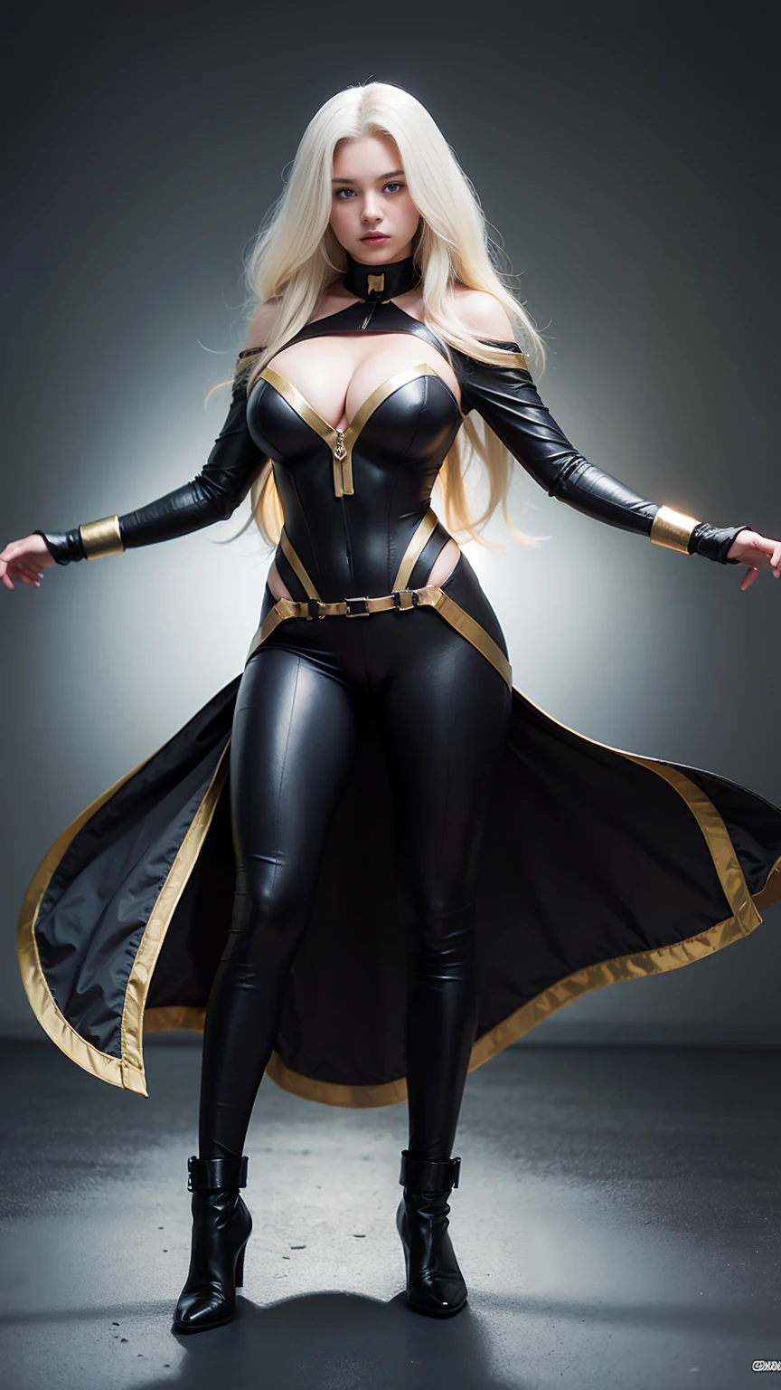 (high quality, best quality:1.4), 1girl, pale skin, (age, teen, teen, yo, long hair, bangs, (huge breasts:1.4), sagging breasts, X-men, strom, Strom from X-men, dynamic pose, fighting pose, (full body), simple background
