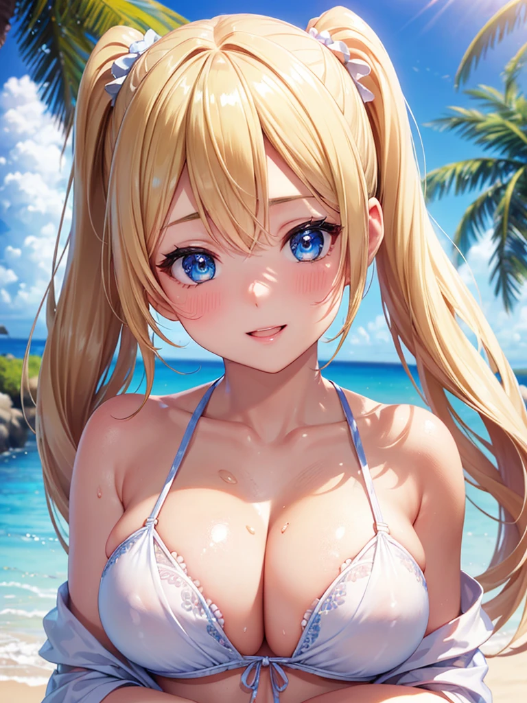 High resolution, A face with attention to detail, ((One Girl))、((cute))、Big smile、Blushing、Open your mouth、Blonde、Twin tails、Ultra detailed face、Very fine eye、Ultra detailed hair、White Bikini、Beautiful beaches、Palm tree、Bright sunlight、Beautiful blue sky, Movie angle, Professional Lighting, Highest quality, masterpiece, sharp, Perfect focus, Bokeh, photoRealistic, (Beautiful, detailed eyes: 1.3), Realistic, (3D Face:1.1), (Shiny skin:1.5), (超High resolution intricate face details), (Facial skin pores:1.3), 超High resolution cloth texture, 8k eye detail, Huge breasts, Emphasize your breasts