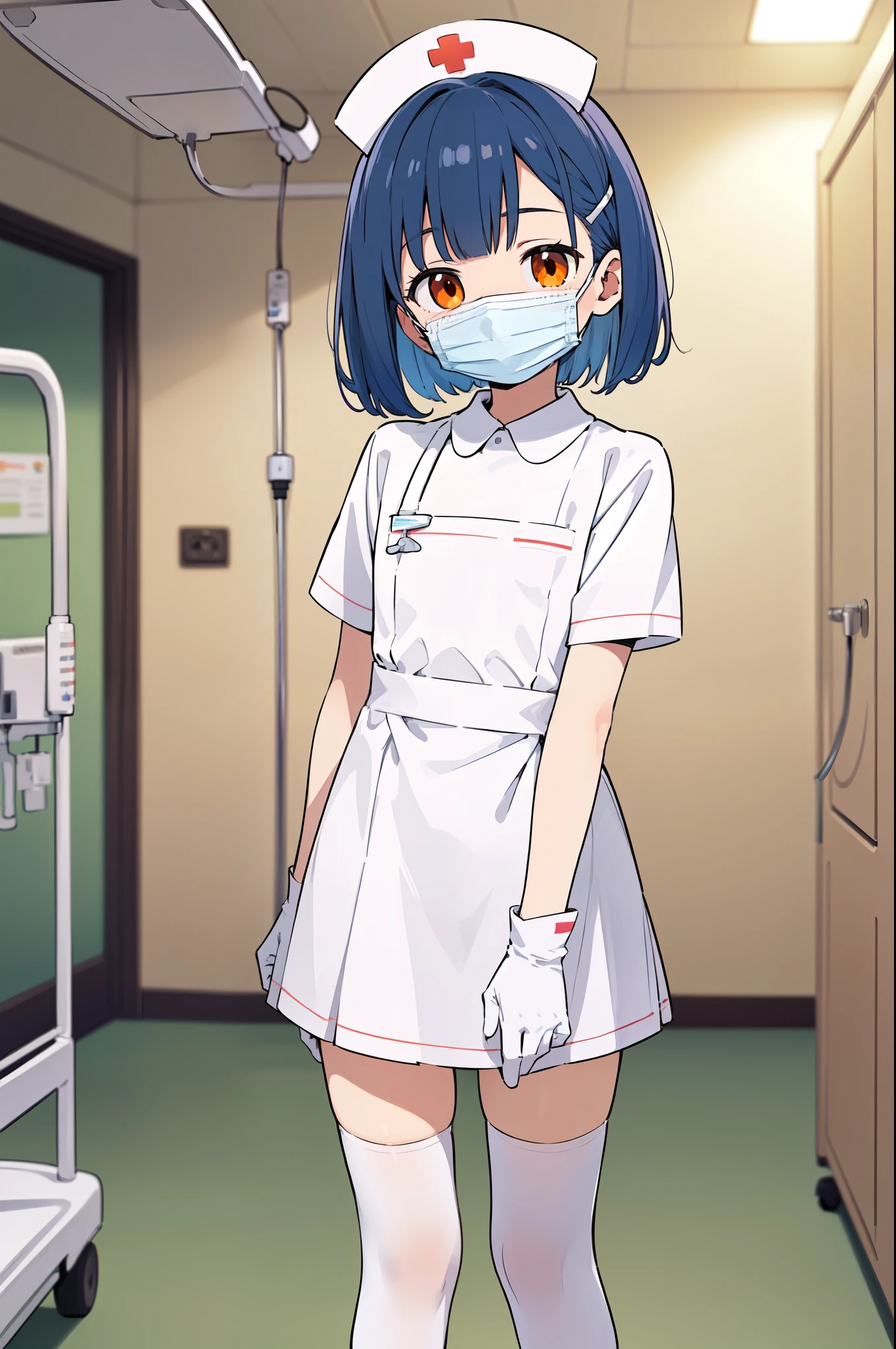 1boy, solo, male focus, nurse, white nurse cap, white nurse uniform, ((white legwear, zettai ryouiki)), white gloves, bobcut, blue hair, orange eyes, ((white surgical mask, covered nose)), standing, ((hospital room)), sharp outline, short sleeves, shota, , best quality, masterpiece