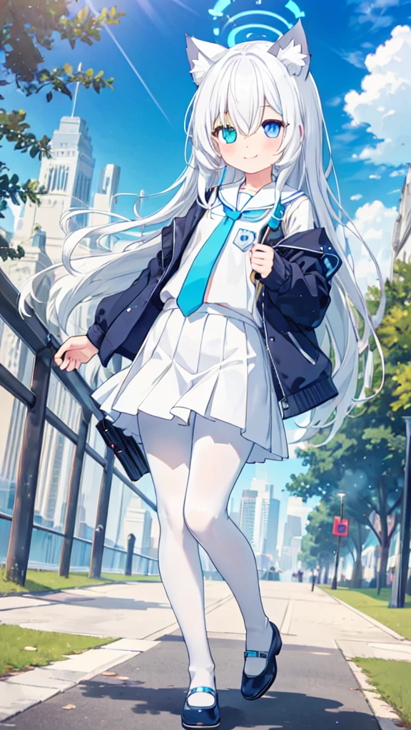 White hair,Cat ear,Long hair,Heterochromia(Left blue right yellow),Smile,There are bright spots in the eyes,flat chest,White sailor suit,White skirt,White pantyhose,in the park,Alone,Blue tie,Blue Halo
