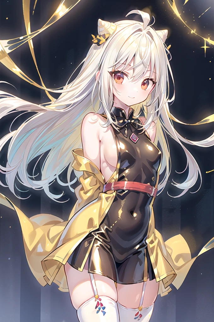 1girl,solo,cowboy shot,standing,(white hair:1.4),long hair,cone hair bun,hair ornament,hair intakes, ahoge, bangs,(red eyes:1.3),(beautiful fingers:1.4),(perfect anatomy:1.4),(arms_behind_back:1.6),(cold_shoulder:1.2),BREAK,(yellow race Kimono dress:1.6),(yellow leotard:1.4),(leather lace glossy silk lamé:1.4),(latex luster shiny glossy:1.6),(shiny_clothes:1.6),medium breasts,beautiful breasts,masterpiece,best quality,(Ultra high definition eyes:1.2),8k,(Beautiful detailed eyes:1.2),(Fine and beautiful eyes:1.2),(pretty eyes:1.2),finely detail,extremely CG, absurdres,high resolution,illustration,Detailed and beautiful outlines,finely detail,high resolution,(colorful refraction:1.4,Increase saturation:1.2),beautiful lighting,dynamic lighting,closed room,black background,simple background, smile,looking at viewer,BREAK, blue bowtie, (wedding gloves:1.2), garter straps,(yellow thighhighs:1.4)