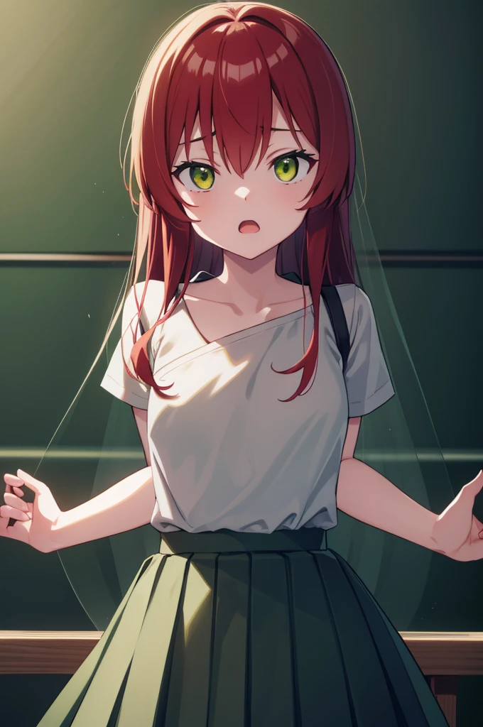 Kitaikuyo, Ikuyo Kita, (Green Eyes:1.5), Hair between the eyes, Long Hair, One side up, Redhead, (Flat Chest:1.2),
break black footwear, black skirt, grey Sailor collar, pleated skirt, Sailor collar, , shoes, Short sleeve, Tall plants , skirt,,
break looking at viewer,
break indoors, classroom,
break (masterpiece:1.2), Highest quality, High resolution, unity 8k wallpaper, (figure:0.8), (Beautiful attention to detail:1.6), Highly detailed face, Perfect lighting, Highly detailed CG, (Perfect hands, Perfect Anatomy),On the chest.Big Breasts.Sad face.Open your mouth.