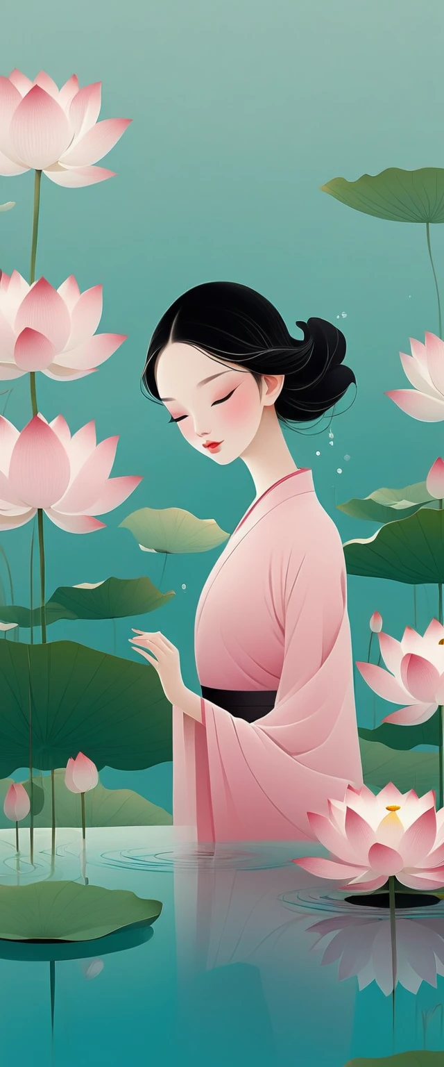 vector,Flat form,illustration,The Minimalists,数字艺术illustration,Pink hue,Abstract,artistic conception,Blooming,A girl,dancer;Pink clothing;Pretty Face,Black Hair,Hairpin;Lotus pond,Lotus decorative corner;Diving sensation,above(Light cyan)Lots of white space。