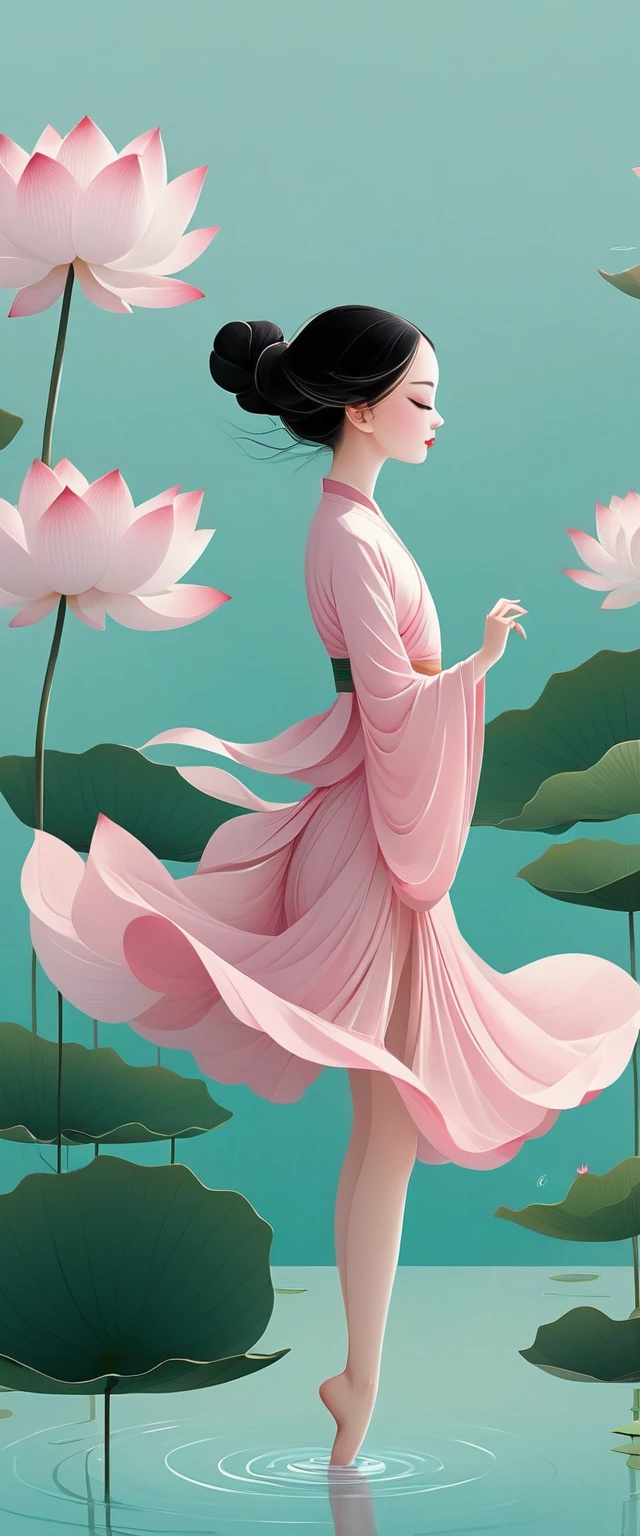 vector，Flat form，illustration，The Minimalists，数字艺术illustration，Pink hue，Abstract，artistic conception，Blooming，A little girl，dancer；Pink clothing；Pretty Face，Black Hair，Hairpin；Lotus pond，Lotus decorative corner；Diving sensation，above（Light cyan）Lots of white space。