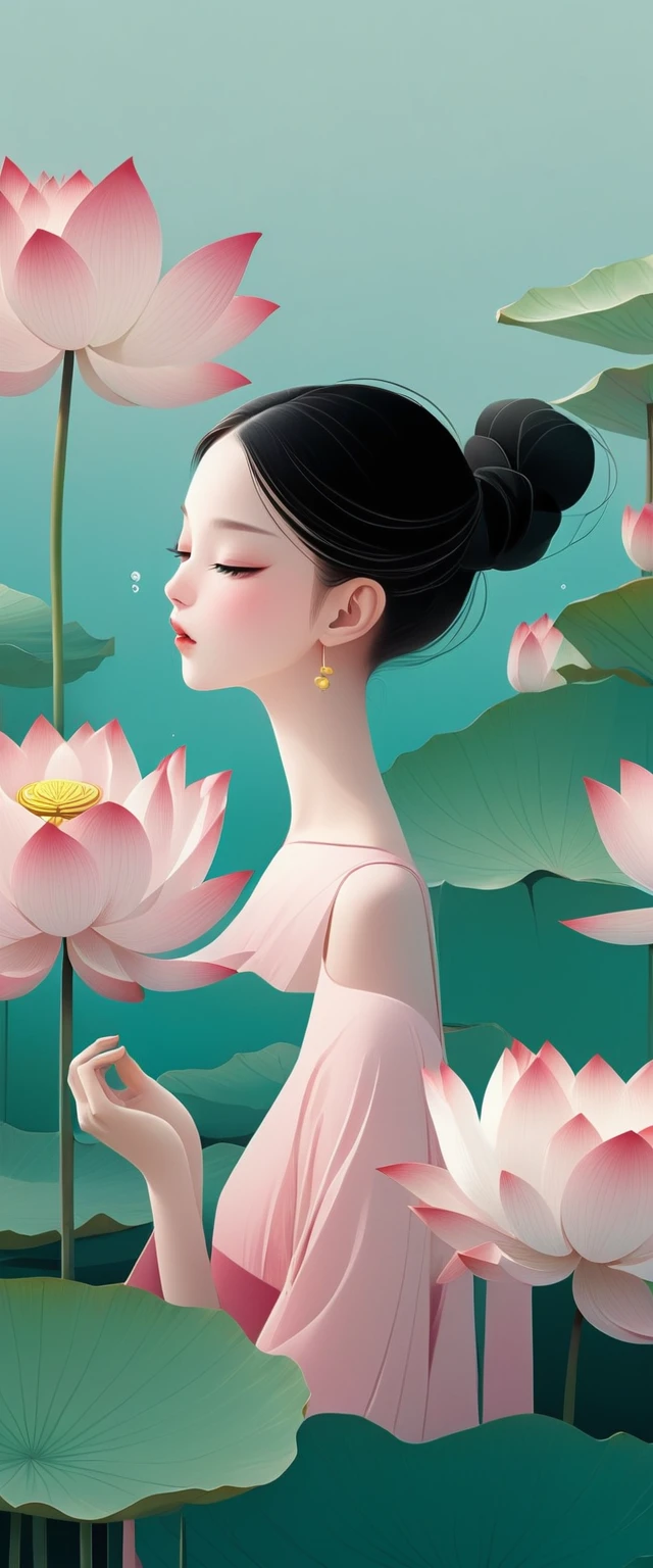 vector,Flat form,illustration,The Minimalists,数字艺术illustration,Pink hue,Abstract,artistic conception,Blooming,A little girl,dancer;Pink clothing;Pretty Face,Black Hair,Hairpin;Lotus pond,Lotus decorative corner;Diving sensation,above(Light cyan)Lots of white space。