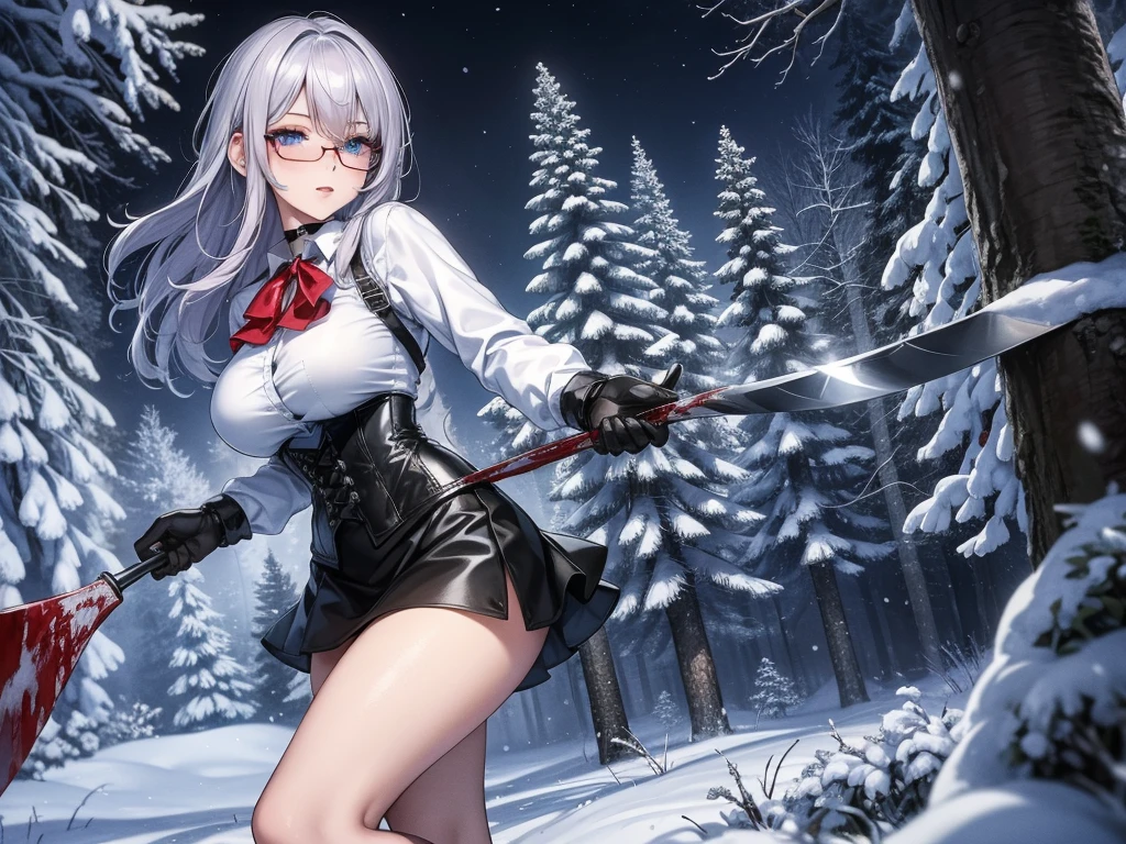 ((blood droplets)), ((blood)), ((blood splatter)), ((blood on clothes)), ((blood stain)), Masterpiece, Beautiful art, professional artist, 8k, art style by sciamano240, front view, Very detailed face, Detailed clothing, detailed fabric, 1 girl, perfectly drawn body, big breasts, fighting pose, beautiful face, long silver hair, blue eyes, very detailed eyes, pink cheeks, shy expression, glasses, choker:1.6, (long sleeve white collar buttoned shirt), black gloves, gloves covering hands, (holding an ax in the right hand), (black leather corset), (shiny black tight mini skirt), sensual lips , evening de invierno, show details in the eyes, view from front, looking at the viewer, snowy trail, Snowy forest, evening, Atmosphere, snow