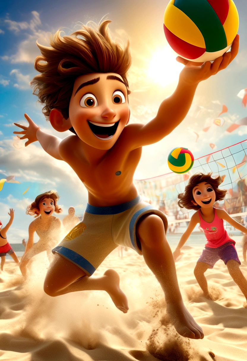 (Beach Volleyball player), Pixar style, children are happily playing volleyball on the beach, their faces filled with childlike joy. The background is a blue sky and a golden beach, and the picture is colorful, full of vitality and childlike fun, showcasing their gaming moments, full body, (Photography), panoramic view, award-winning, cinematic still, emotional, vignette, dynamic, vivid, (masterpiece, best quality, Professional, perfect composition, very aesthetic, absurdres, ultra-detailed, intricate details:1.3)