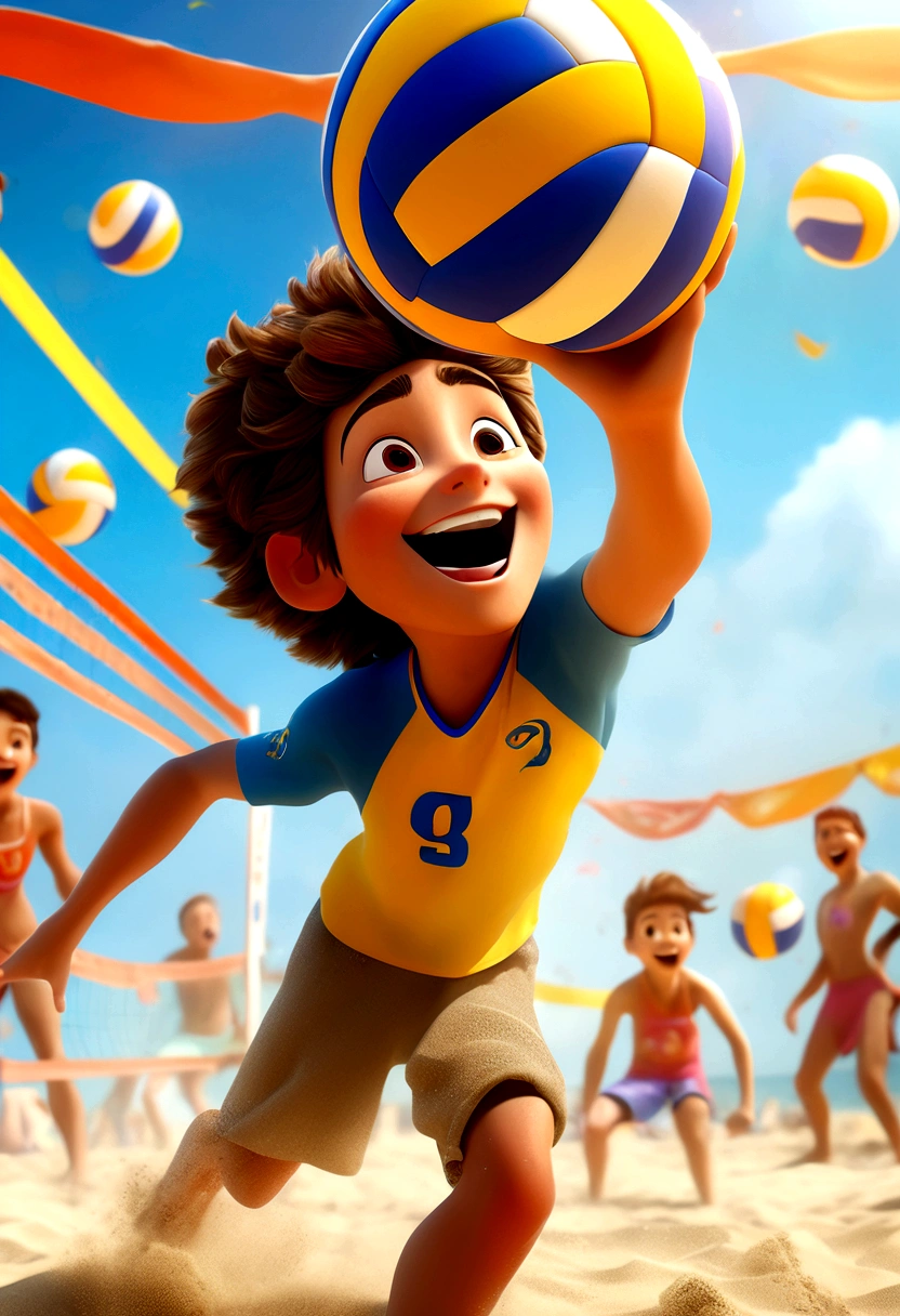 (Beach Volleyball player), Pixar style, children are happily playing volleyball on the beach, their faces filled with childlike joy. The background is a blue sky and a golden beach, and the picture is colorful, full of vitality and childlike fun, showcasing their gaming moments, full body, (Photography), panoramic view, award-winning, cinematic still, emotional, vignette, dynamic, vivid, (masterpiece, best quality, Professional, perfect composition, very aesthetic, absurdres, ultra-detailed, intricate details:1.3)