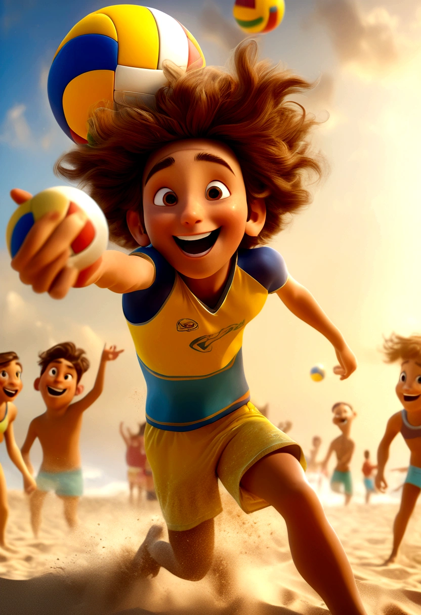 (Beach Volleyball player), Pixar style, children are happily playing volleyball on the beach, their faces filled with childlike joy. The background is a blue sky and a golden beach, and the picture is colorful, full of vitality and childlike fun, showcasing their gaming moments, full body, (Photography), panoramic view, award-winning, cinematic still, emotional, vignette, dynamic, vivid, (masterpiece, best quality, Professional, perfect composition, very aesthetic, absurdres, ultra-detailed, intricate details:1.3)