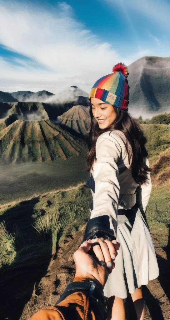 bf_holding_hands,  walking in Bromo Mountain view, rainbow, 
detailed,8k, detailed shadow, 1girl, Omertosa, long hair, black hair, open jacket, leather jacket, beanie, jewelry ,(masterpiece,best quality),
