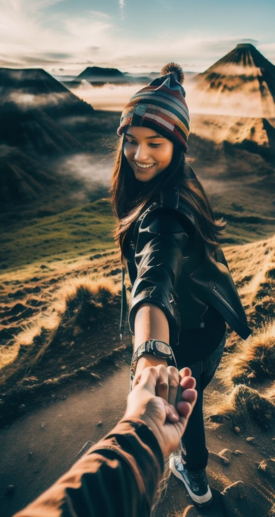 bf_holding_hands,  walking in Bromo Mountain view, rainbow, 
detailed,8k, detailed shadow, 1girl, Omertosa, long hair, black hair, open jacket, leather jacket, beanie, jewelry ,(masterpiece,best quality),
