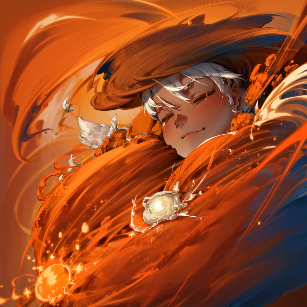 Create a 10 year old boy named Sun who has an orange wizard hat an orange cloak a very cute smile a very cute young face and a sun god staff who has the power to completely dominate fire and has an orange greavat and showing fingers crossed while having a blast behind