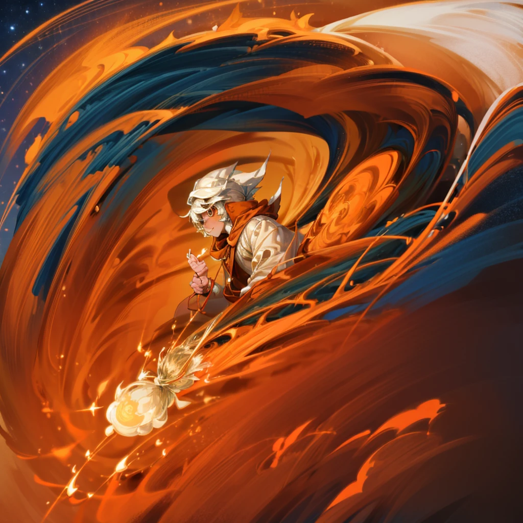 a 10 year old boy with fluffy white hair,orange wizard cloak,orange wizard hat,Have very soft and tangled white hair,cute happy faceThat has the power of the sun that has the magic of the galaxies that has a star on its orange staff at the tip
