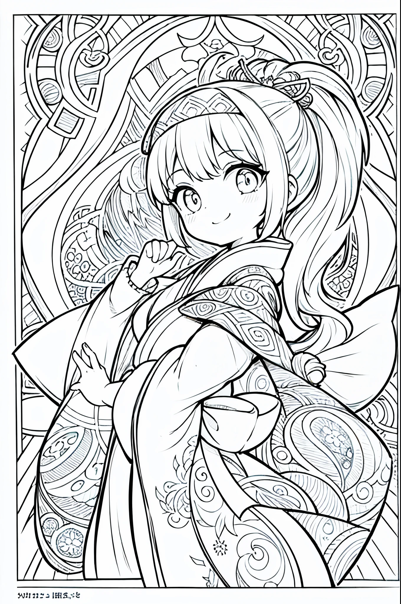 One girl, Create a baby chibi version of the Alice character in an 8K resolution, coloring pages, simplified zentangle, coloring book outline, black and white only, no outline, intricate designs, coloring book, celtic design, intricate lines, no gradients, Chibi, best quality, paper doll, shadow puppet, stained glass background, clockpunk, Andersen,A girl with a ponytail is wearing a kimono with a crane pattern, practicing kendo in a dojo, and wearing a headband as a hair accessory, It's sunny, Detailed eyes, clear outlines, kawaii pose, A smile, Raise your right hand, Eye Up, Laugh, radiant light, Taken from the side. She should look adorable and cute. Give him a smiling expression and a sweet smile on his face, capturing the essence of the character in a delicate and charming way.