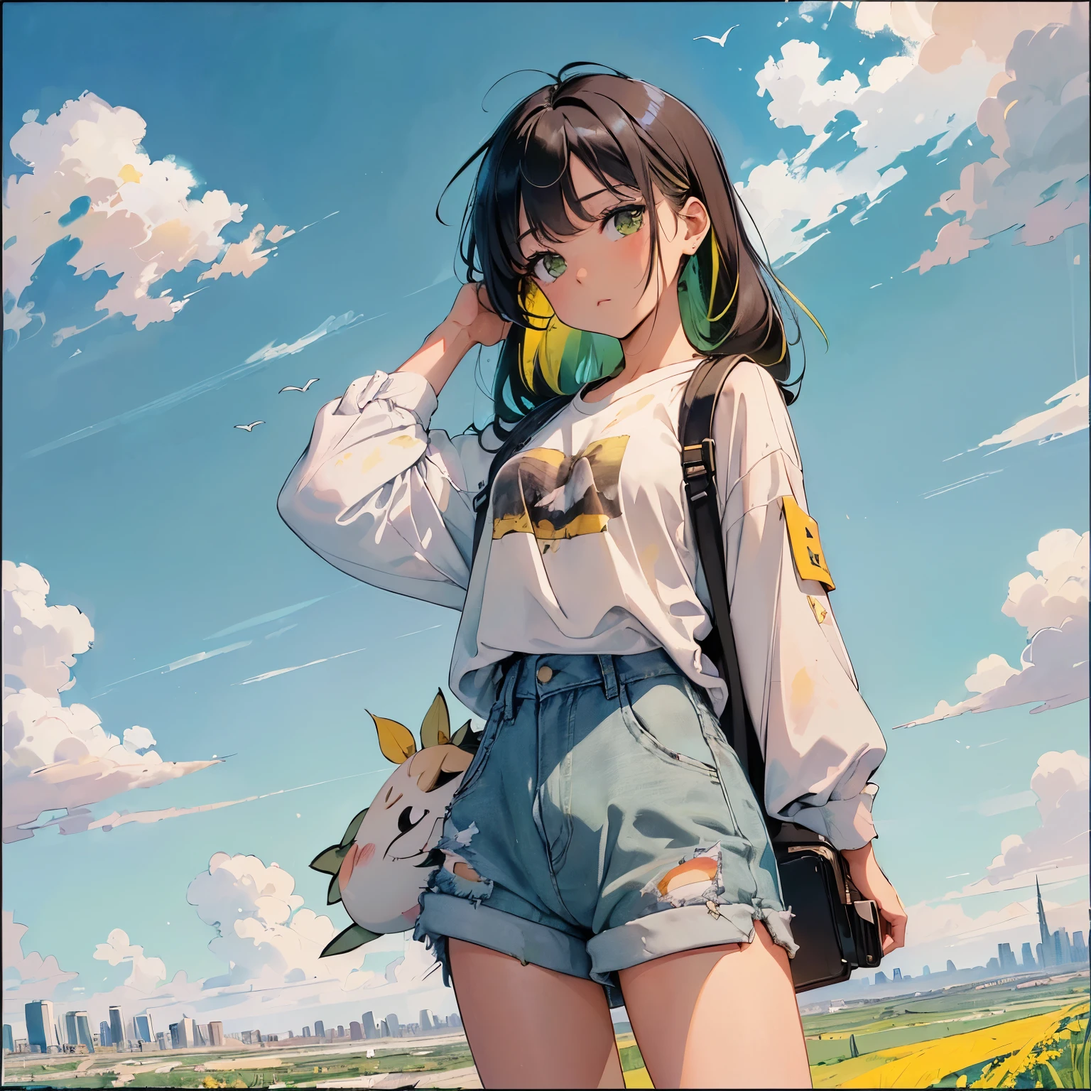 ((Vast Sky+Vast grassland+Nice views: 1.2+Dramatic painting),(Beautiful skyline+The North Star Hanging High+Colorful natural light+Best lighting)), Moving visual effects,((One girl)+ Long sleeve tops + Denim shorts + Backpack + Delicate face: 1.2), (Black Hair + Yellow Hair + Green Hair: 1.3), Dynamic pose: 1.2, ((Wide Shot + Dynamic Angle + Delicate framing), (Flying Bird:0.9+Flowing Clouds:0.9)),((watercolor+Gradient color effect):0.9), leaf