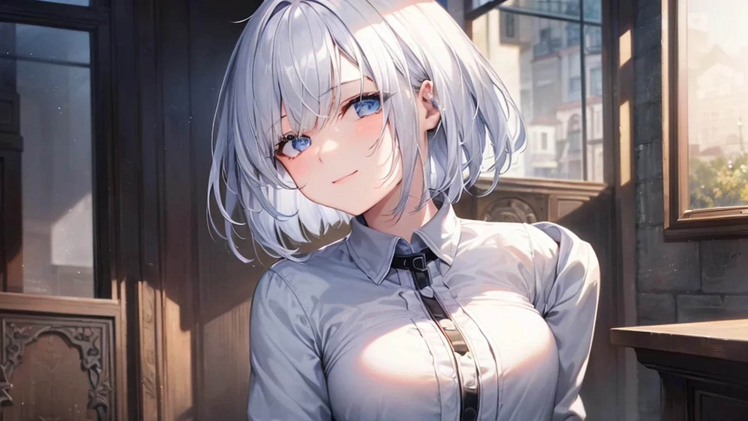 Ultra HD,Look at the viewers, Put your hands behind your back, With a girl, 20-year-old, 非常にShort Hair, Long bangs between the eyes, Pale blue eyes, Very detailed,(masterpiece、Highest quality),Gray Hair、Laughter、Fantastic, Silver Hair, Iris, Short hair、 Fluttering Hair、Small Face、明るいsmile、(Detailed face) ,Professional Lighting,Wonderful landscape,blue sky, sunlight,Looking down from above,Portraiture、Open your mouth、Flower Field、Her eyes were shining、Mysterious and enchanting atmosphere。With AI Painting、とてもShort Hair, Long bangs between the eyes, Very detailed,(masterpiece、Highest quality)、alone、Gray Hair、Fantasy, Silver Hair, Fantasyな風景、White shirt、smile、Open your mouth、short hair、Short Hair、hairpin、black eye、Grey Eyes、Beautiful Eyes、