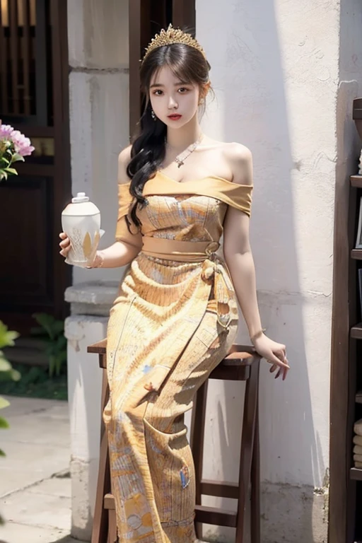 araffe woman in a yellow dress sitting on a table with a glass of wine, classy yukata clothing, wearing wheat yellow gauze, lady using yellow dress, long beautiful flowing kimono, japanese clothes, gorgeous lady, with yellow cloths, 2 0 2 0 fashion, yukata clothing, beautiful soft silky dress, yellow robe, summer, 2010s