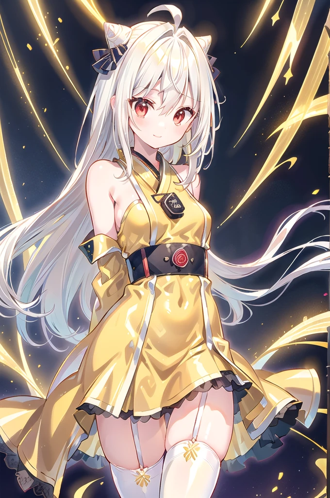 1girl,solo,cowboy shot,standing,(white hair:1.4),long hair,cone hair bun,hair ornament,hair intakes, ahoge, bangs,(red eyes:1.3),(beautiful fingers:1.4),(perfect anatomy:1.4),(arms_behind_back:1.6),(cold_shoulder:1.2),BREAK,(yellow race Kimono dress:1.6),(yellow leotard:1.6),(leather lace glossy silk lamé:1.4),(latex luster shiny glossy:1.6),(shiny_clothes:1.6),medium breasts,beautiful breasts,masterpiece,best quality,(Ultra high definition eyes:1.2),8k,(Beautiful detailed eyes:1.2),(Fine and beautiful eyes:1.2),(pretty eyes:1.2),finely detail,extremely CG, absurdres,high resolution,illustration,Detailed and beautiful outlines,finely detail,high resolution,(colorful refraction:1.4,Increase saturation:1.2),beautiful lighting,dynamic lighting,closed room,black background,simple background, smile,looking at viewer,BREAK, blue bowtie, (wedding gloves:1.2), garter straps,(yellow thighhighs:1.4)