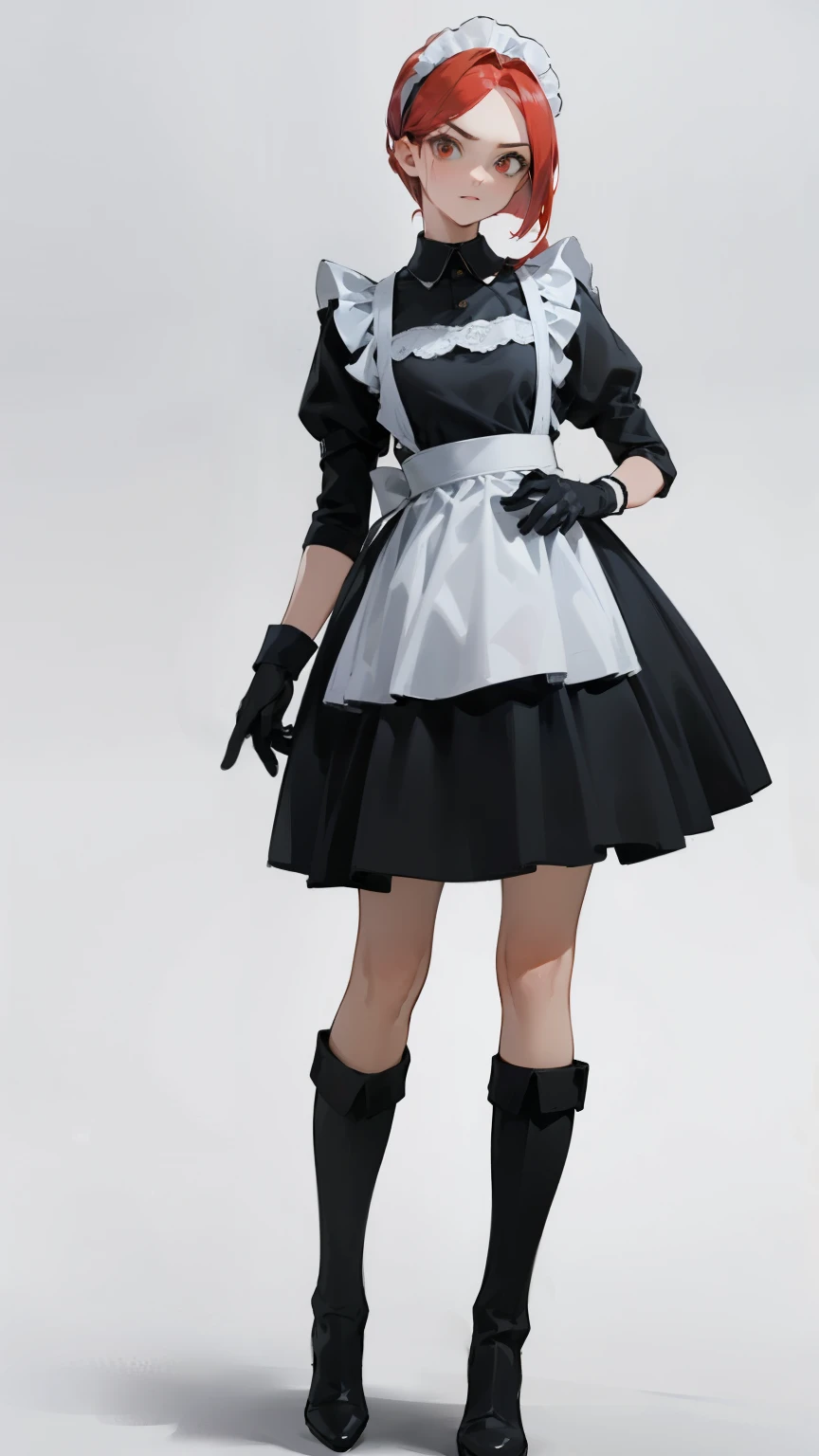 (masterpiece, best quality, super detailed, beautiful eyes beautiful details eyes, Clean and delicate face), solo, (Red bob hair, red eyes), (maid costume, white maid headband), thigh, black gloves, army boots, (whole body, standing posture, glaring at the viewer), simple background