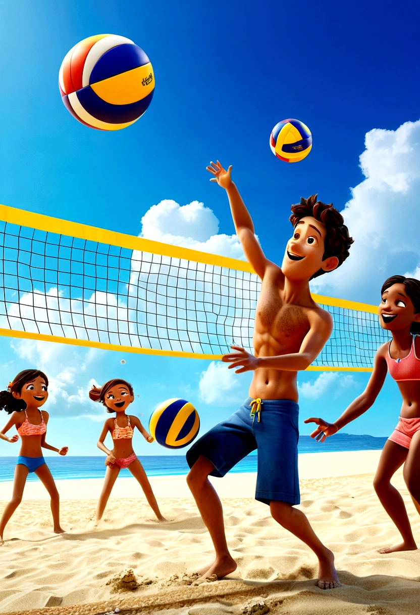 (Beach Volleyball player), Pixar style, children are happily playing volleyball on the beach, their faces filled with childlike joy. The background is a blue sky and a golden beach, and the picture is colorful, full of vitality and childlike fun, showcasing their gaming moments, full body, (Photography), panoramic view, award-winning, cinematic still, emotional, vignette, dynamic, vivid, (masterpiece, best quality, Professional, perfect composition, very aesthetic, absurdres, ultra-detailed, intricate details:1.3)