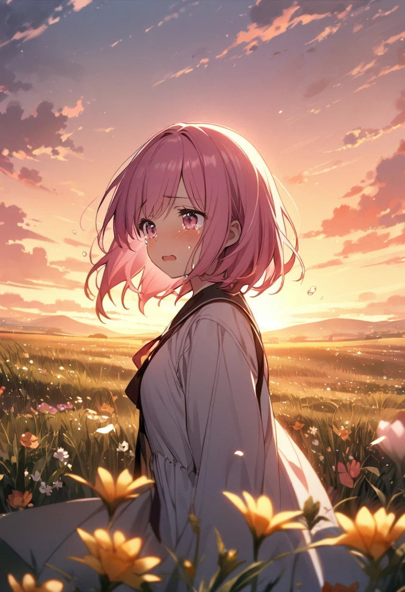 One Girl、one-shot、Pink Hair、Short Bob、Pink Eyes、Grassland、flower、cry、Tears、Sunset、evening、Big tears、I cry、