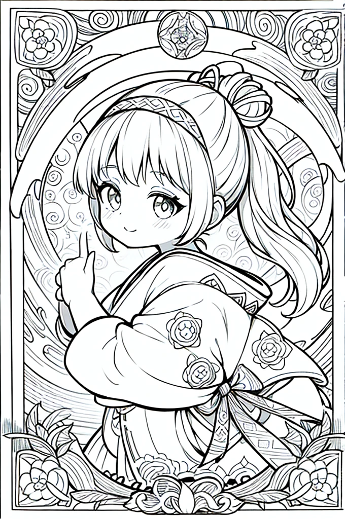 One girl, Create a baby chibi version of the Alice character in an 8K resolution, coloring pages, simplified zentangle, coloring book outline, black and white only, no outline, intricate designs, coloring book, celtic design, intricate lines, no gradients, Chibi, best quality, paper doll, shadow puppet, stained glass background, clockpunk, Andersen,A girl with a ponytail is wearing a kimono with a crane pattern, practicing kendo in a dojo, and wearing a headband as a hair accessory, It's sunny, Detailed eyes, clear outlines, kawaii pose, A smile, Raise your right hand, Eye Up, Laugh, radiant light, Taken from the side. She should look adorable and cute. Give him a smiling expression and a sweet smile on his face, capturing the essence of the character in a delicate and charming way.
