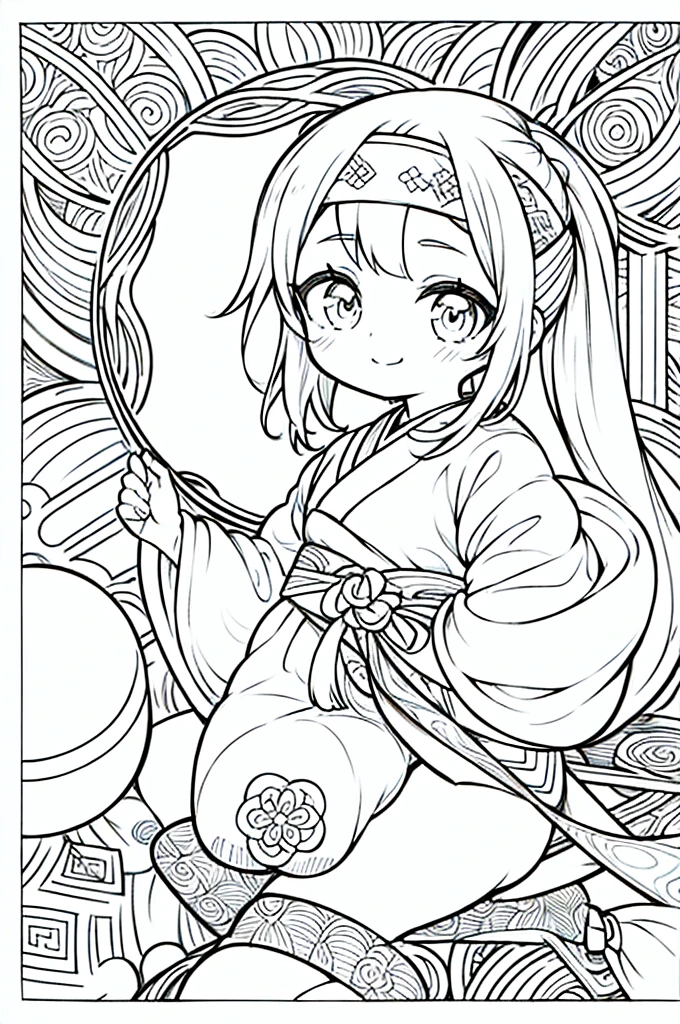 One girl, Create a baby chibi version of the Alice character in an 8K resolution, coloring pages, simplified zentangle, coloring book outline, black and white only, no outline, intricate designs, coloring book, celtic design, intricate lines, no gradients, Chibi, best quality, paper doll, shadow puppet, stained glass background, clockpunk, Andersen,A girl with a ponytail is wearing a kimono with a crane pattern, practicing kendo in a dojo, and wearing a headband as a hair accessory, It's sunny, Detailed eyes, clear outlines, kawaii pose, A smile, Raise your right hand, Eye Up, Laugh, radiant light, Taken from the side. She should look adorable and cute. Give him a smiling expression and a sweet smile on his face, capturing the essence of the character in a delicate and charming way.