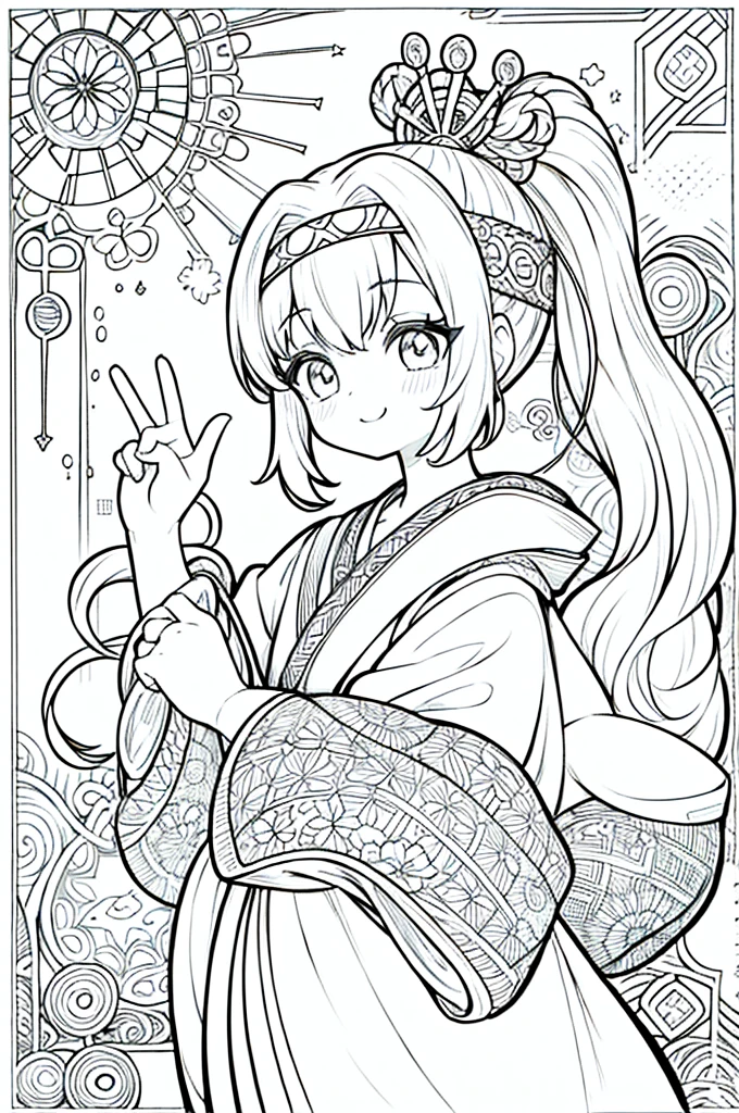 One girl, Create a baby chibi version of the Alice character in an 8K resolution, coloring pages, simplified zentangle, coloring book outline, black and white only, no outline, intricate designs, coloring book, celtic design, intricate lines, no gradients, Chibi, best quality, paper doll, shadow puppet, stained glass background, clockpunk, Andersen,A girl with a ponytail is wearing a kimono with a crane pattern, practicing kendo in a dojo, and wearing a headband as a hair accessory, It's sunny, Detailed eyes, clear outlines, kawaii pose, A smile, Raise your right hand, Eye Up, Laugh, radiant light, Taken from the side. She should look adorable and cute. Give him a smiling expression and a sweet smile on his face, capturing the essence of the character in a delicate and charming way.