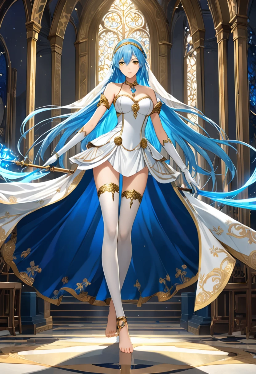 masterpiece, Highest quality, Very detailed, score_9, score_8_upper, score_7_upper, score_6_upper, アニメ, Aqua(Fire emblem), azura_(FEif), Low-tied_long_hair, light_blue_hair, Yellow Eyes, Asymmetrical legwear, barefoot, Opera Gloves, pendant, Single bare leg, White Dress, hair band, Long hair between the eyes, Gold Anklet, Veil, Beautiful Eyes, Perfect Face, Perfect hands, Perfect Fingers, large breasts, Very beautiful long legs, Thighs, spear, Have a weapon, slashing