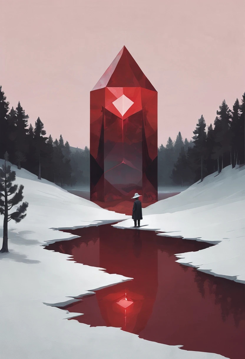 simple,Minimalist illustration,The Great Blood Crystal Prism and the Tiny Pilgrim,Minimalist surreal landscape