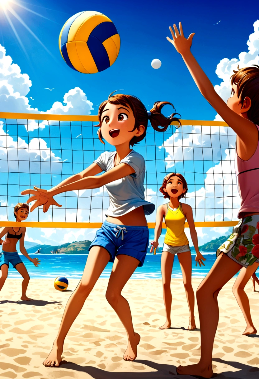 (Beach Volleyball player), Pixar style, children are happily playing volleyball on the beach, their faces filled with childlike joy. The background is a blue sky and a golden beach, and the picture is colorful, full of vitality and childlike fun, showcasing their gaming moments, full body, (Photography), panoramic view, award-winning, cinematic still, emotional, vignette, dynamic, vivid, (masterpiece, best quality, Professional, perfect composition, very aesthetic, absurdres, ultra-detailed, intricate details:1.3)