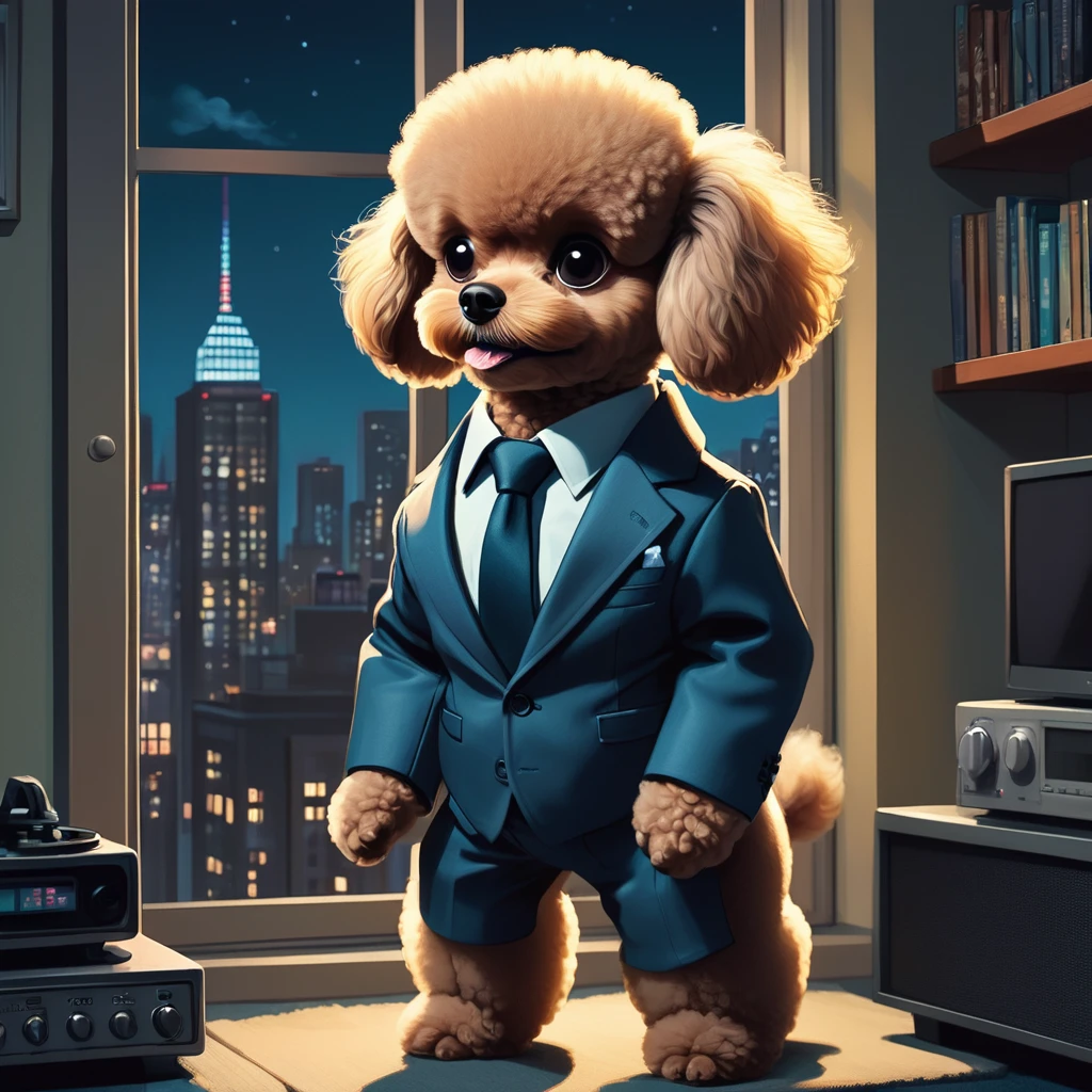 "Draw a Pixar-style scene of a cute anthropomorphic Toy Poodle named Pom standing in a high-rise apartment at night. Pom is wearing a stylish jacket and tie. The room is filled with music equipment, and Pom is looking out the window at the city skyline with a thoughtful expression."