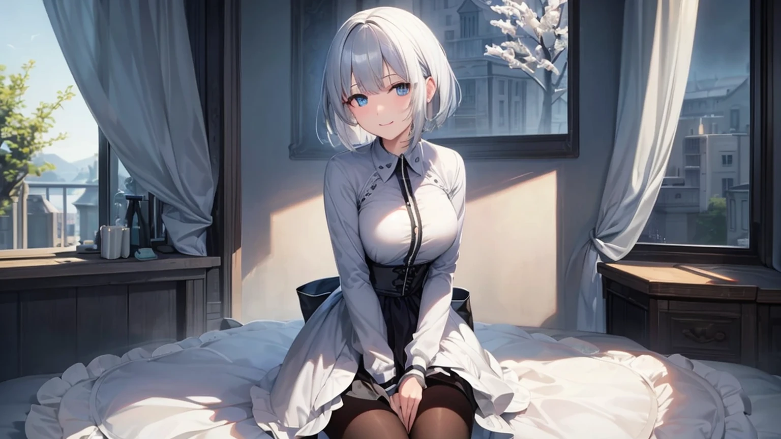 Ultra HD,Look at the viewers, Put your hands behind your back, With a girl, 20-year-old, 非常にShort Hair, Long bangs between the eyes, Pale blue eyes, Very detailed,(masterpiece、Highest quality),Gray Hair、Laughter、Fantastic, Silver Hair, Iris, Short hair、 Fluttering Hair、Small Face、明るいsmile、(Detailed face) ,Professional Lighting,Wonderful landscape,blue sky, sunlight,Looking down from above,Portraiture、Open your mouth、Flower Field、Her eyes were shining、Mysterious and enchanting atmosphere。With AI Painting、とてもShort Hair, Long bangs between the eyes, Very detailed,(masterpiece、Highest quality)、alone、Gray Hair、Fantasy, Silver Hair, Fantasyな風景、White shirt、smile、Open your mouth、short hair、Short Hair、hairpin、black eye、Grey Eyes、Beautiful Eyes、