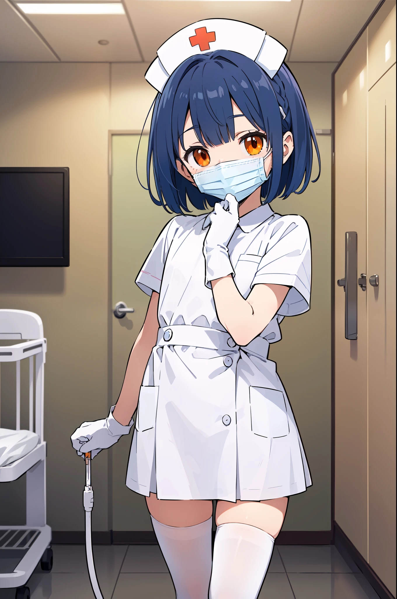 1boy, solo, male focus, nurse, white nurse cap, white nurse uniform, ((white legwear, zettai ryouiki)), white gloves, bobcut, blue hair, orange eyes, ((white surgical mask, covered nose)), standing, ((hospital room)), sharp outline, short sleeves, shota, , best quality, masterpiece