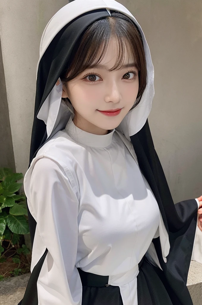 (8k, RAW photo, top quality, masterpiece: 1.2), (realistic, photorealistic: 1.37), ultra detail, ultra high resolution, one girl, beholder, beautiful detailed face, smile, constriction, (slim waist): 1.3), beautiful detailed skin, skin texture, floating hair, professional lighting, Japanese beautiful girl, long hair, bob cut, beautiful hair, 20 years old, attractive breasts, (huge breasts:1.2), beautiful shape breasts, full body from toes to head, standing, Shift gaze away, gaze into the distance, natural color hair, color inner hair, (nun:1.4)