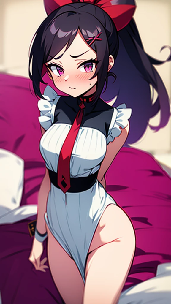 high tail hairstyle, Ponytail hairstyle, Long wavy black hair, standing posing, anime girl style, pixel art anime style,penetrating look with deep eyes,red and purple eyes, hair with a ponytail hairstyle trapped with a big red bun, Women, red hair clips, x color shaped hair clips , smiling face blush, next to his bed , lingerie, sexy maid costume, , Black hair, 