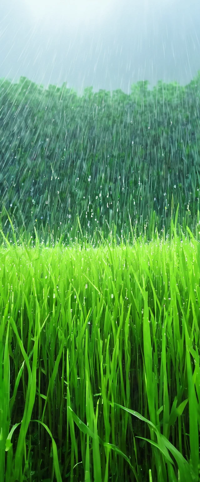 grass field while contemplating, detailed expression, heavy rain weather, the rain, the field is transformed into a dreamlike landscape straight out of a Studio Ghibli movie. The delicate details and vibrant colors make this a truly unique and captivating image. angle from below, sunlight ray,